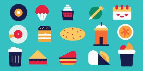 Vector art of a collection of colorful flat icons representing food, drinks, music, and daily life elements on a teal background.