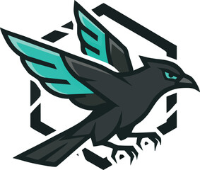 Stylized black bird with teal wings in flight, set against a geometric hexagonal background.