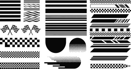 Black and white vector graphics present decorative race themed elements