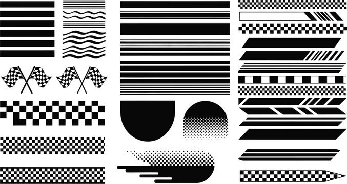 Black and white vector graphics present decorative race themed elements