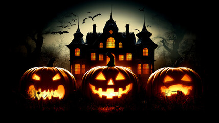 happy Halloween , Halloween background with haunted house and pumpkins, Generative ai