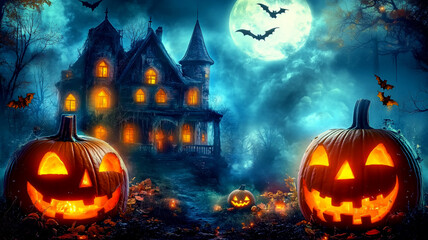 happy Halloween , Halloween background with haunted house and pumpkins, Generative ai