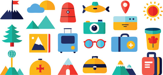 Vector art of a collection of colorful flat icons representing travel, adventure, and outdoor activities.