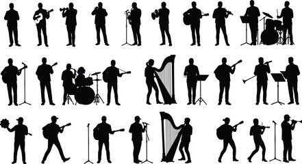 Silhouette of musicians playing instruments, guitar, violin, drums, trumpet, harp, singing, performing on stage, band concert vector illustration