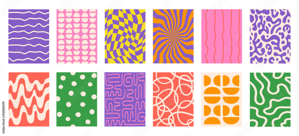 Poster set of abstract vertical geometric backgrounds with colorful wavy shapes, dots and lines. trendy vec