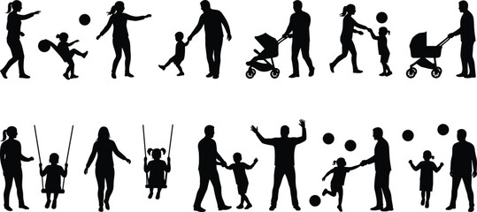 Silhouette of parents and children playing, swinging, walking, pushing stroller, family activity concept, outdoor fun, parenting illustration, vector art