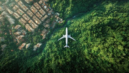 High-angle view of an airplane flying over a dense forest dividing a city