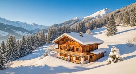 Snowy Alpine Chalet Winter Landscape Cozy Wooden House Snow Covered Trees Mountains