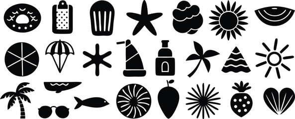 Vector art of a collection of black summer and beach icons including a starfish, sun, palm tree, and sunglasses.