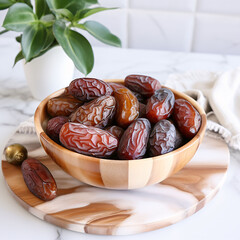Sweet brown dates presented in a wooden bowl, showcasing healthy snack options for a balanced diet on a textured surface.
