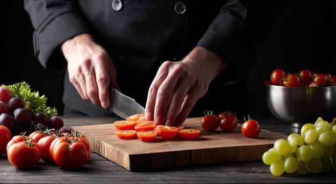 Chef expertly slicing cherry tomatoes on a wooden cutting board