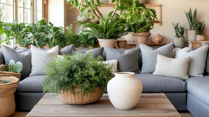 Serene Living Room: Lush Greenery, Neutral Tones, and Cozy Comfort.