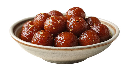 Delicious gulab jamun, a popular Indian dessert, presented in a white bowl against a dark background, inviting culinary experiences.