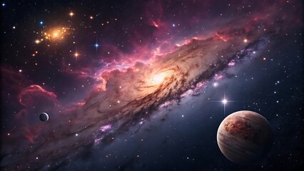 A vibrant galaxy swirls in the vastness of space, showcasing a nebula, distant planets, and countless stars illuminating the cosmos