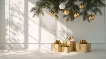 Top View of Minimal Christmas Decor With Sunlight, Tree Branch With Ornaments, and Golden Gift Boxes on Floor