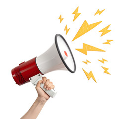Hand holding a red megaphone speaking loud message, isolated on transparent background, PNG file