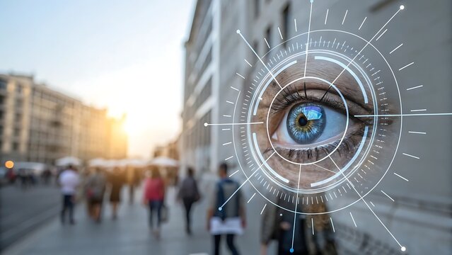 A futuristic eye scan technology monitors a bustling city street, representing digital security, biometric identification, and advanced surveillance systems