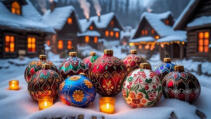 Decorated Christmas ornaments glisten warmly amidst snow and charming log cabins in a winter village landscape