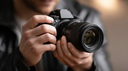 Close up of a person's hands holding and operating a professional camera with a large lens