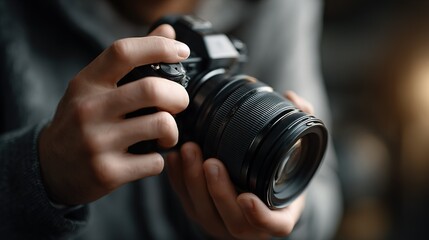 Fototapeta premium Person holding a professional camera focusing on the lens and hands photography