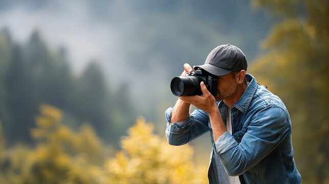 A man wearing a cap and denim shirt takes a photo with a professional camera in a nature setting