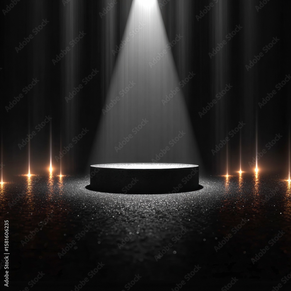 Poster illuminated stage: an empty circular stage stands dramatically under a single, focused spotlight. th