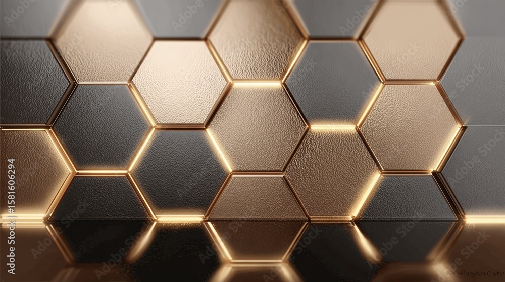 Poster hexagonal radiance: abstract composition features interconnected, golden-illuminated, hexagonal tile