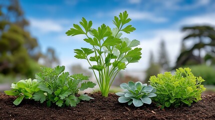 Fresh green herbs growing in rich soil