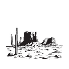 Vector illustration depicting a southwestern desert landscape with iconic monument valley features