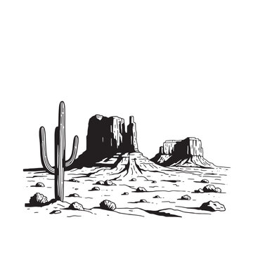 Vector illustration depicting a southwestern desert landscape with iconic monument valley features