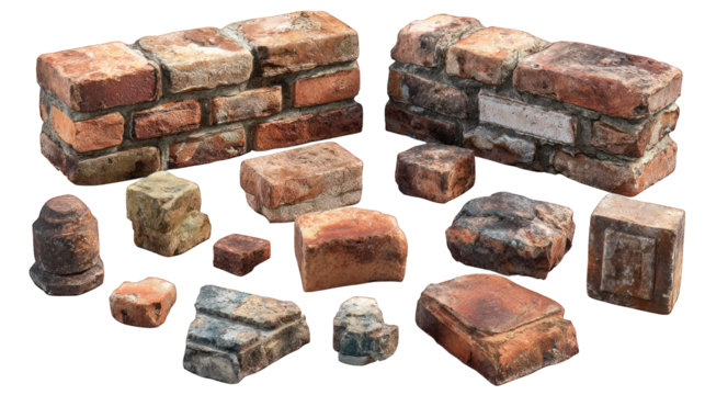 Piles of weathered, aged orange & gray brick pieces