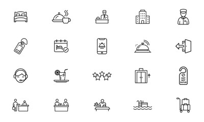 Hotel Hospitality Service Outline Icons for Travel and Lodging