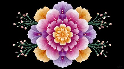 Vibrant floral design on a dark background.
