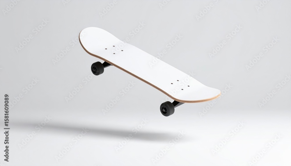 Poster white hovering skateboard mockup with black wheels casting a shadow on clear background isolated bac