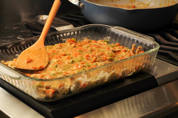 Close-Up of Homemade Chicken Pot Pie Being Prepared with Simple Ingredients
