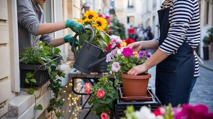 Women Tending to Colorful Flower Garden on Urban Balcony