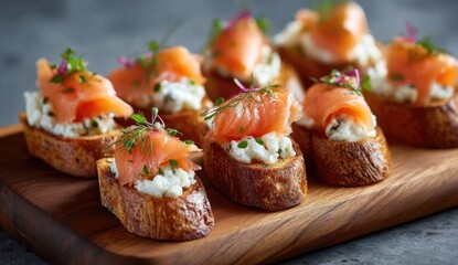 Appetizer bites of toasted bread topped with smoked salmon and creamy cheese, garnished with fresh herbs