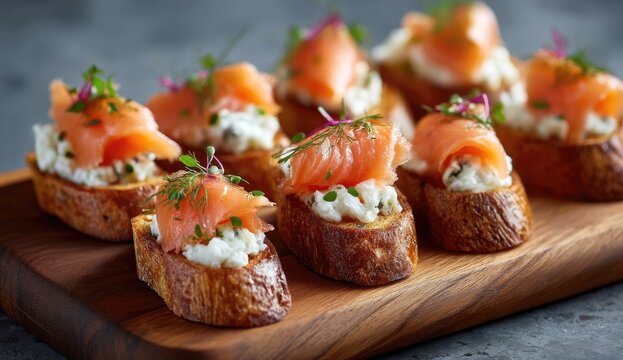 Appetizer bites of toasted bread topped with smoked salmon and creamy cheese, garnished with fresh herbs