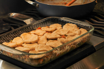 Close-Up of Homemade Chicken Pot Pie Being Prepared with Simple Ingredients