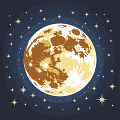 Naklejka premium Stylized illustration of a golden full moon surrounded by twinkling stars in a dark night sky