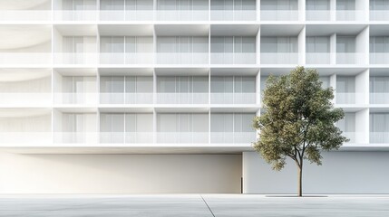 Fototapeta premium Minimalist Modern Architecture: A Single Tree's Contrast Against a Pristine White Building
