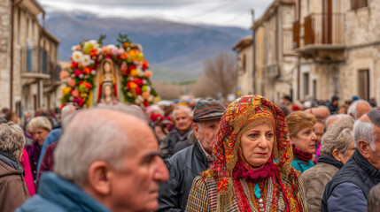 Naklejka premium Festa della Madonna della Montagna Parade with Colorful Religious Statue and Elderly Devotees in Traditional Garments in Historic Italian Town Street Procession