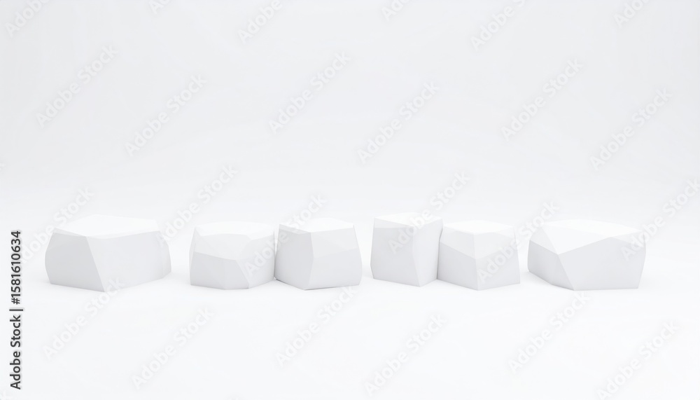 Poster white rock cube podium arrangement against a blank white backdrop displaying geometric shapes and mi