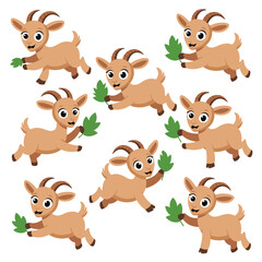 Fototapeta premium Cute cartoon baby goats with horns and leaves in their paws