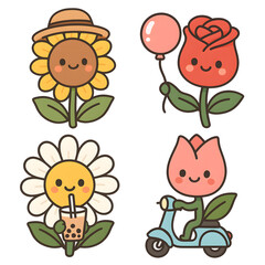 Fototapeta premium Cute Clip Art Collection, Printable Vector Clip Art Set, Cute and Colorful Cartoon Flowers with Happy Faces, Balloons, and a Scooter for Playful Spring or Summer Illustrations