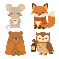 Fototapeta premium Cute Clip Art Collection, Printable Vector Clip Art Set, Cute cartoon animal characters featuring a mouse, fox, bear, and owl in cozy winter with warm elements for a friendly and whimsical theme