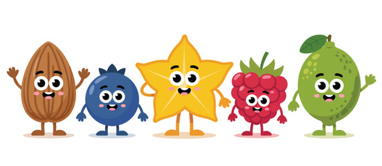 Fototapeta premium Cute anthropomorphic cartoon fruits and nuts characters standing together happily