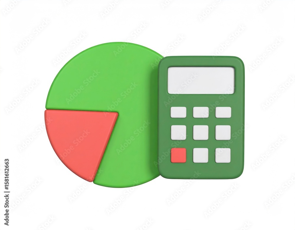Poster 3d rendered green pie chart with red segment near calculator on white background for financial plann