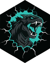 A stylized illustration of a monster bursting through a cracked black hexagon with a teal background.