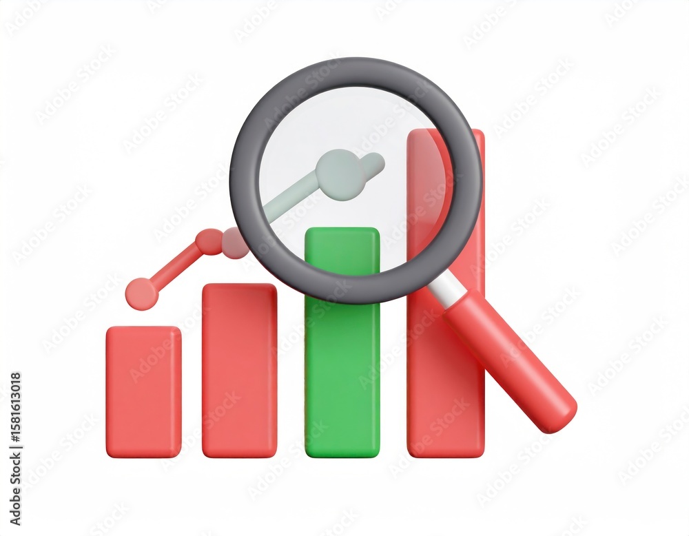 Poster 3d rendering of magnifying glass over a bar chart with red and green bars on white isolated backgrou